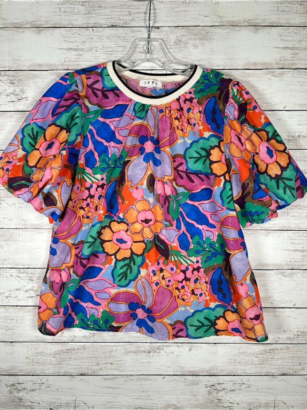 THML Dania Floral Puff Sleeve Polyester Weave Floral Print Blouse M - Picture 2 of 4